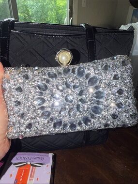 Stunning Silver Jeweled Evening Clutch - Sparkling Crystal Rhinestone Pearl KISS